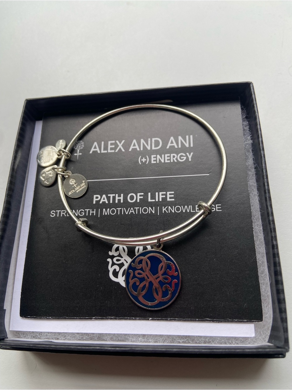 Alex and Ani Silver Path of Life Bangle with Blue Enamel Charm